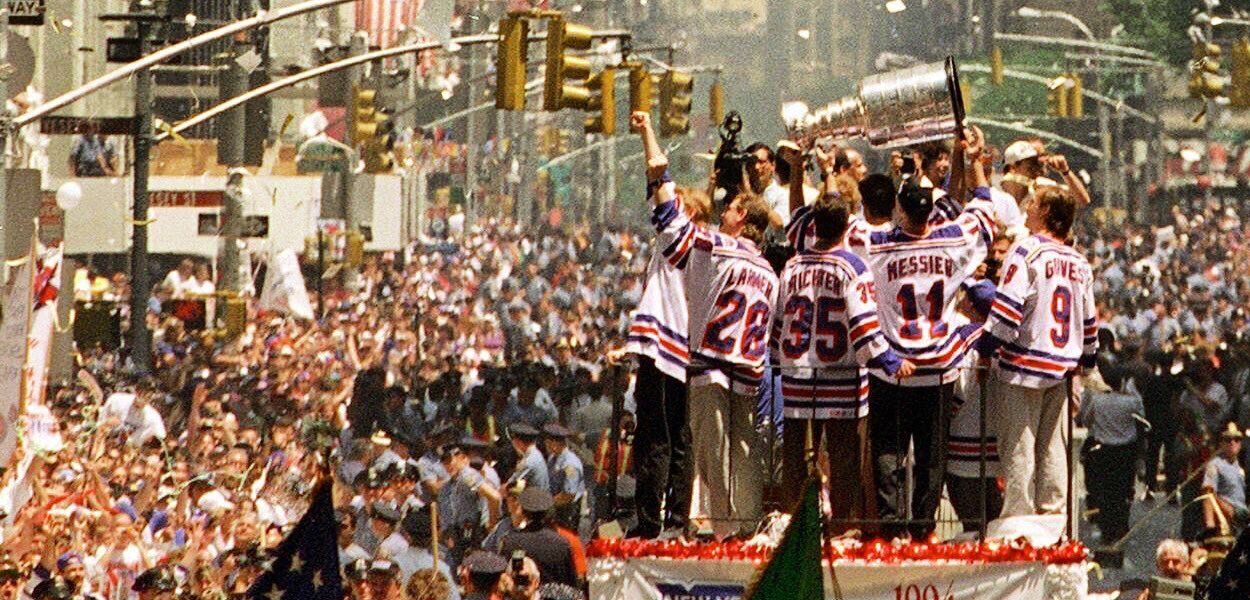 Mark Messier and the Rangers with the Stanley Cup on a float at the 1994 parade in New York